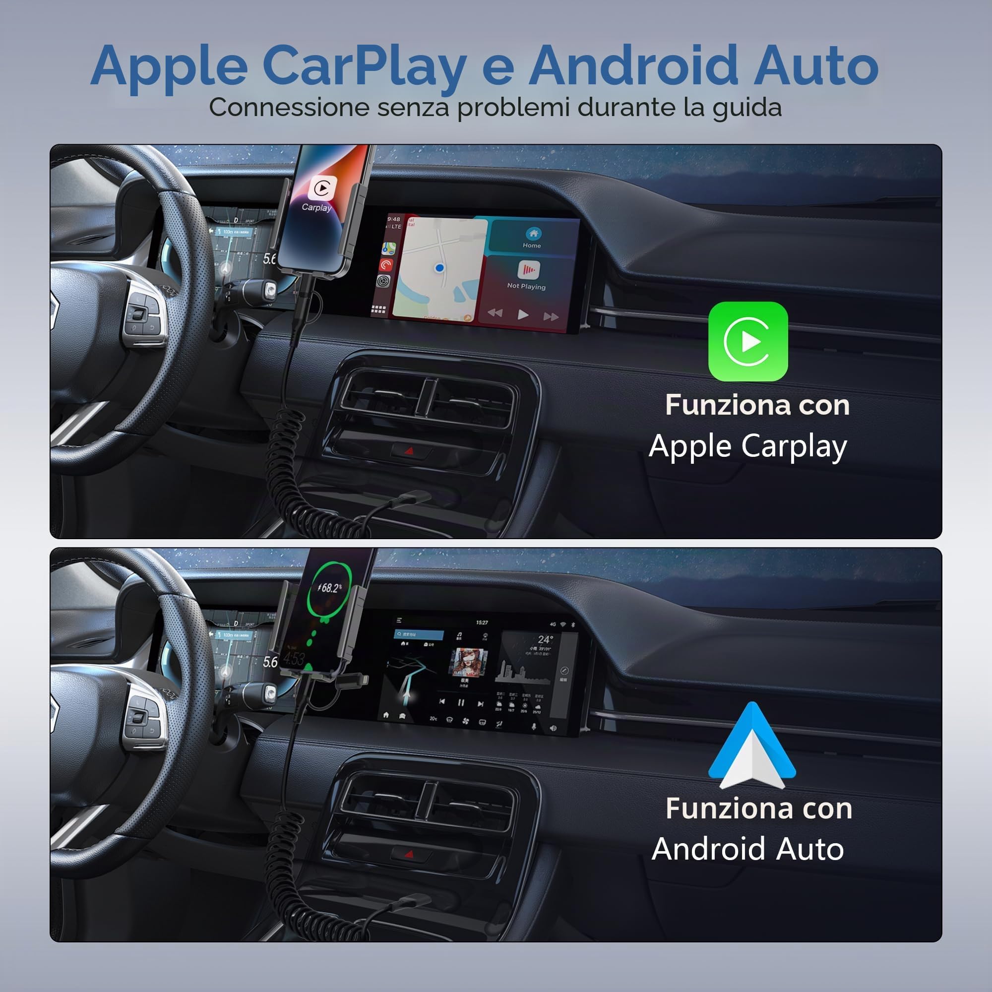 Cavo Lightning e USB-C 2 in 1 Corto, [certificato MFi] Cavo Carplay e Android Auto,Ricarica rapida e sincronizzazione dati da 3 A,Cavo USB Corto per Auto ,Compatibile con iPhone 16 15 14 13 12 Galaxy