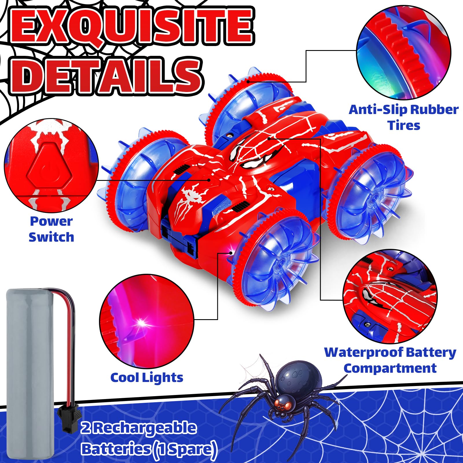 Macchina Telecomandata per Bambini dai 3-10 Anni, Auto RC Anfibia con Rotazione 360° e Luci LED, Monster Truck Telecomandato 2,4 GHz 4x4 per Acqua, Sabbia, Neve, Erba