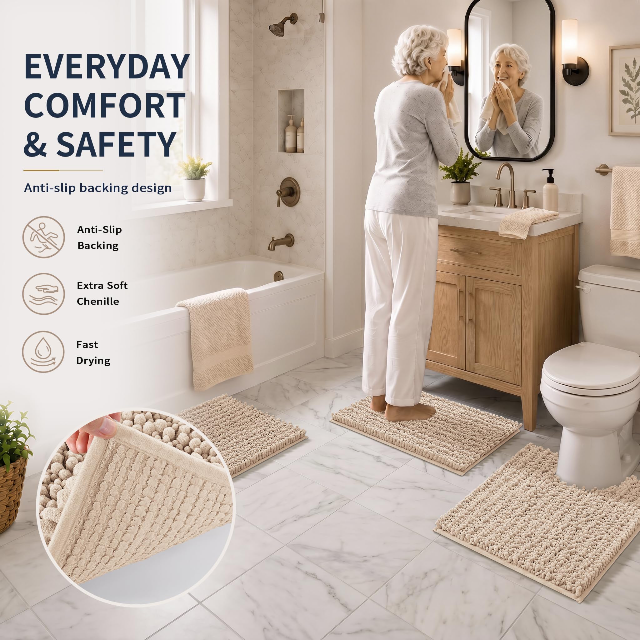 Yimobra Juego de alfombras de baño de 3 piezas, juego de tapetes de felpilla de felpa esponjosa con tapete para inodoro en forma de U, suave, esponjoso, absorbente, antideslizante, para lavabo,