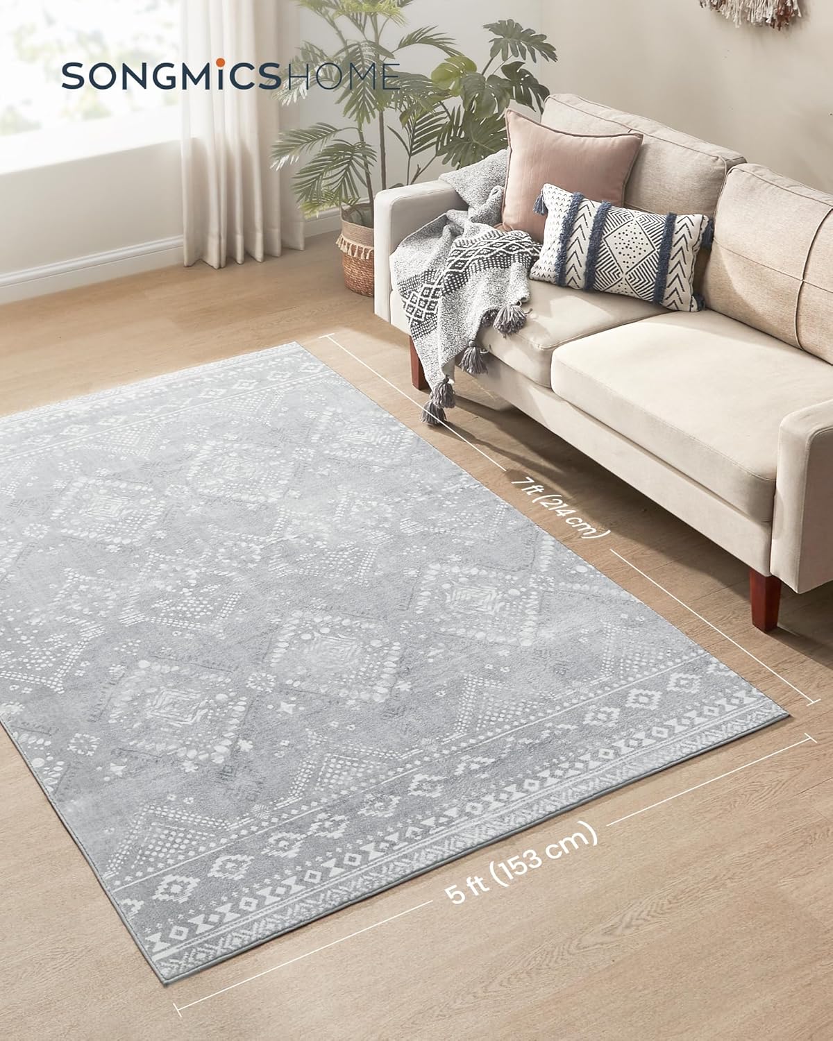 SONGMICS HOME Area Rug, 5x7 ft Rug for Bedroom, Non-Slip Carpet, Home Decor, for Living Room, Machine Washable, Boho Style, Light Gray UTAR023G01V1