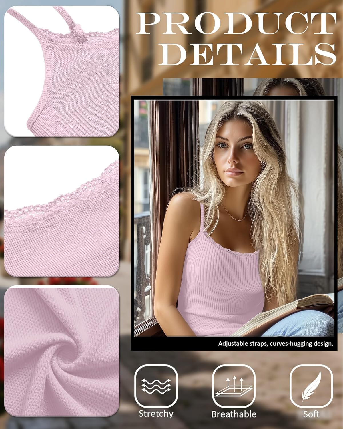 3 Pack Lace Camisole Tank Tops for Women Ribbed Lace Trim Tank Top U Neck Undershirts Adjustable Spaghetti Strap Cami - Image 5