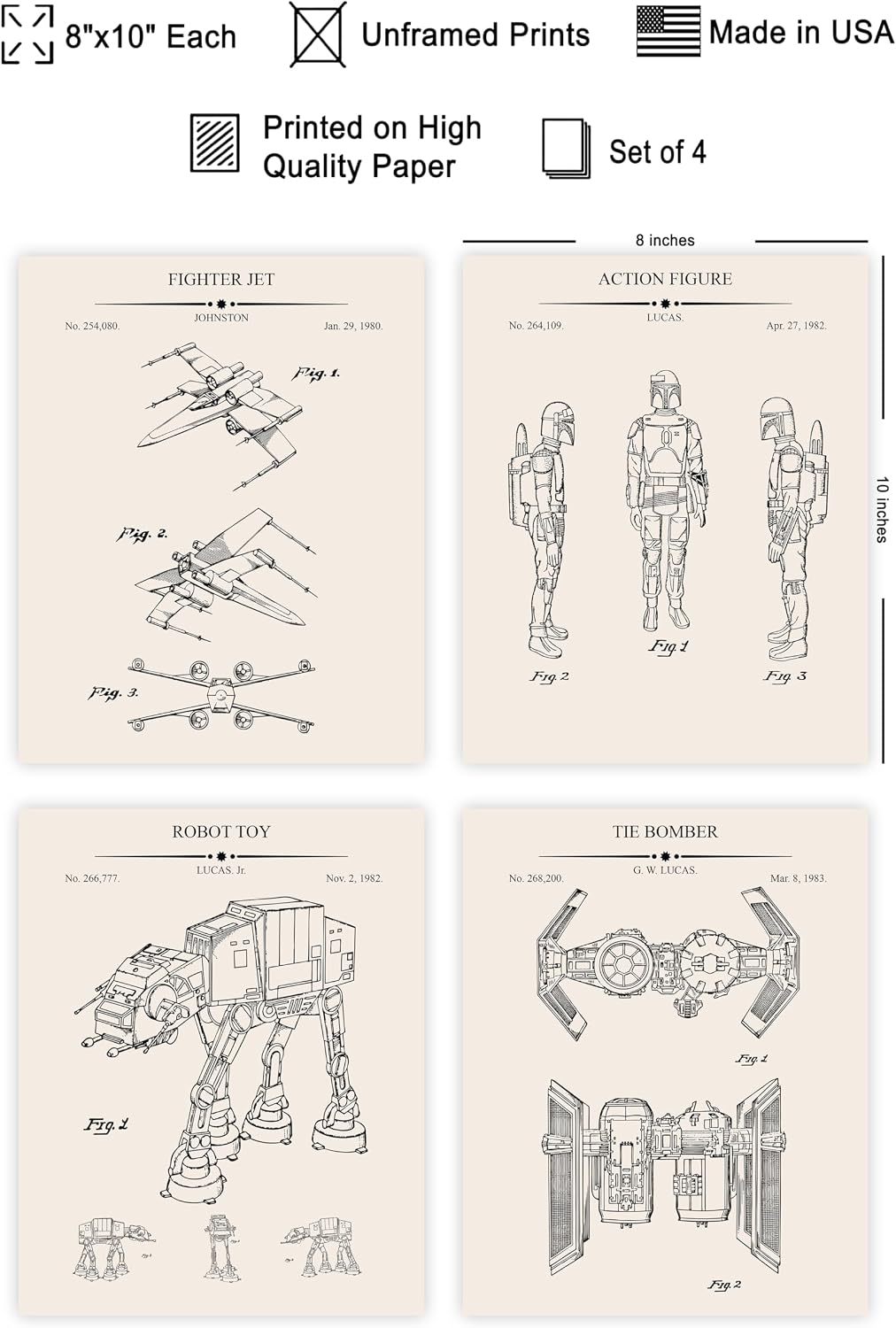 Poster Master 4-Piece Spaceship Blueprint Poster - Patent Print - Fighter Jet Art - Technical Drawing - Armored Walker & Fantasy Design - Minimal Office or Kids Room Decor - 8x10 UNFRAMED