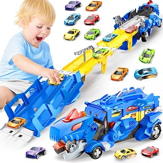 Dinosaur Toys for Kids 3-5, Dinosaur Truck with 6 Cars Toys, Car Track Set, Birthday Gifts Toys for 3 4 5+ Year Old Boys Girls, Transport Carrier Truck for Toddlers, Halloween Presents