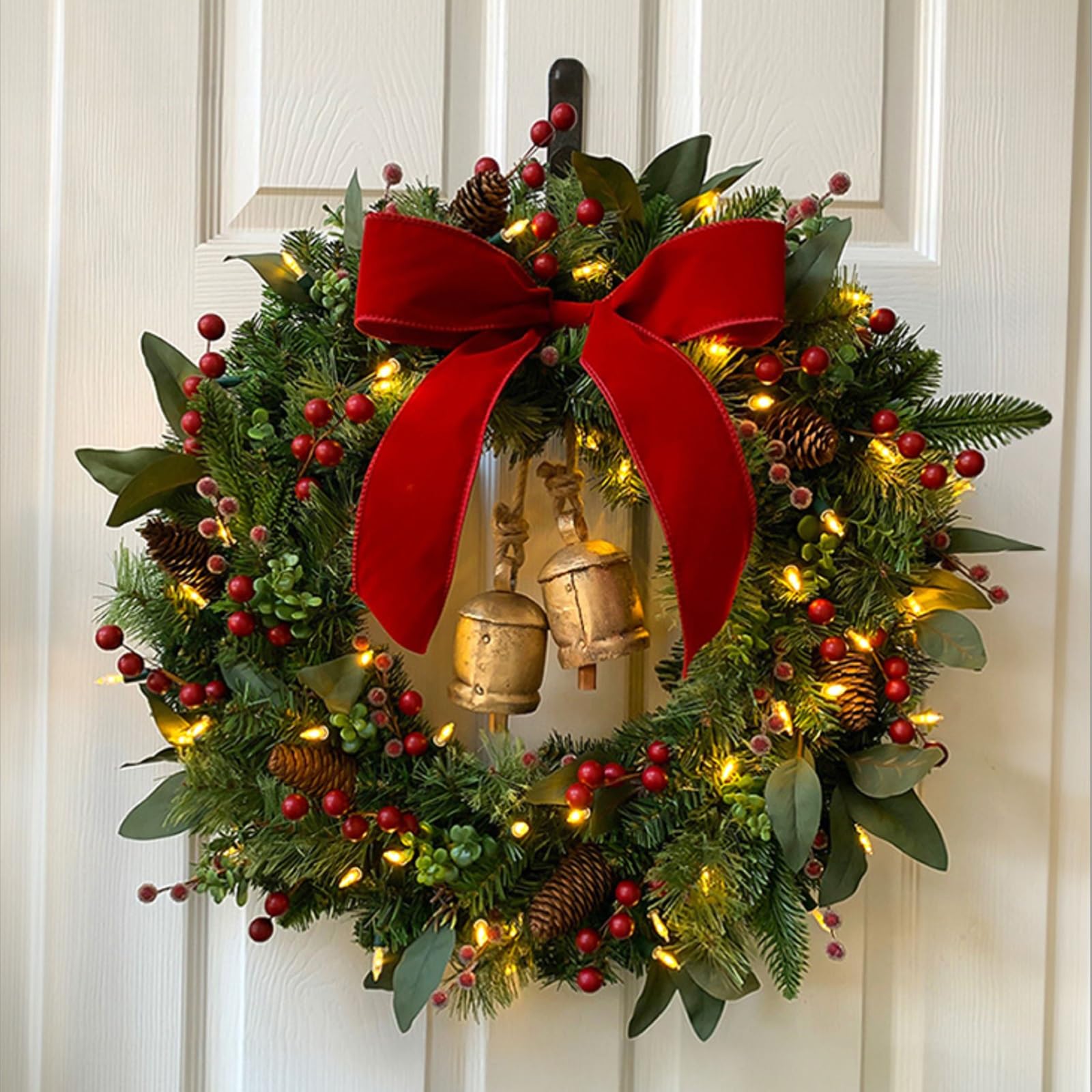 OPFdfhDFH Christmas wreaths, Christmas Garland with Lights, 19.6 In Garlands for Decoration, with Pine Cones, Red Berries, Bell, Bow, Holiday for Door, Window, Wall(60cm/23.6in)