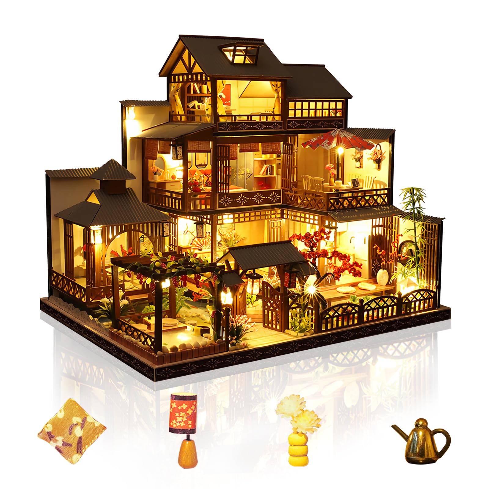 Cuteefun DIY Miniature Dollhouse Kit, Wooden Dollhouse Kit with LED Light