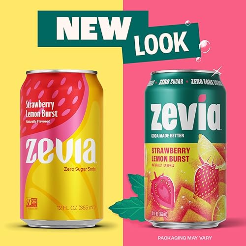 Miniatura 6 de Zevia Refresco Sin Azúcar, Explosión de Fresa y Limón, Latas de 12 oz (Paquete de 24) – Naturalmente Endulzado, Sin Calorías, Sin Azúcar – Proyecto