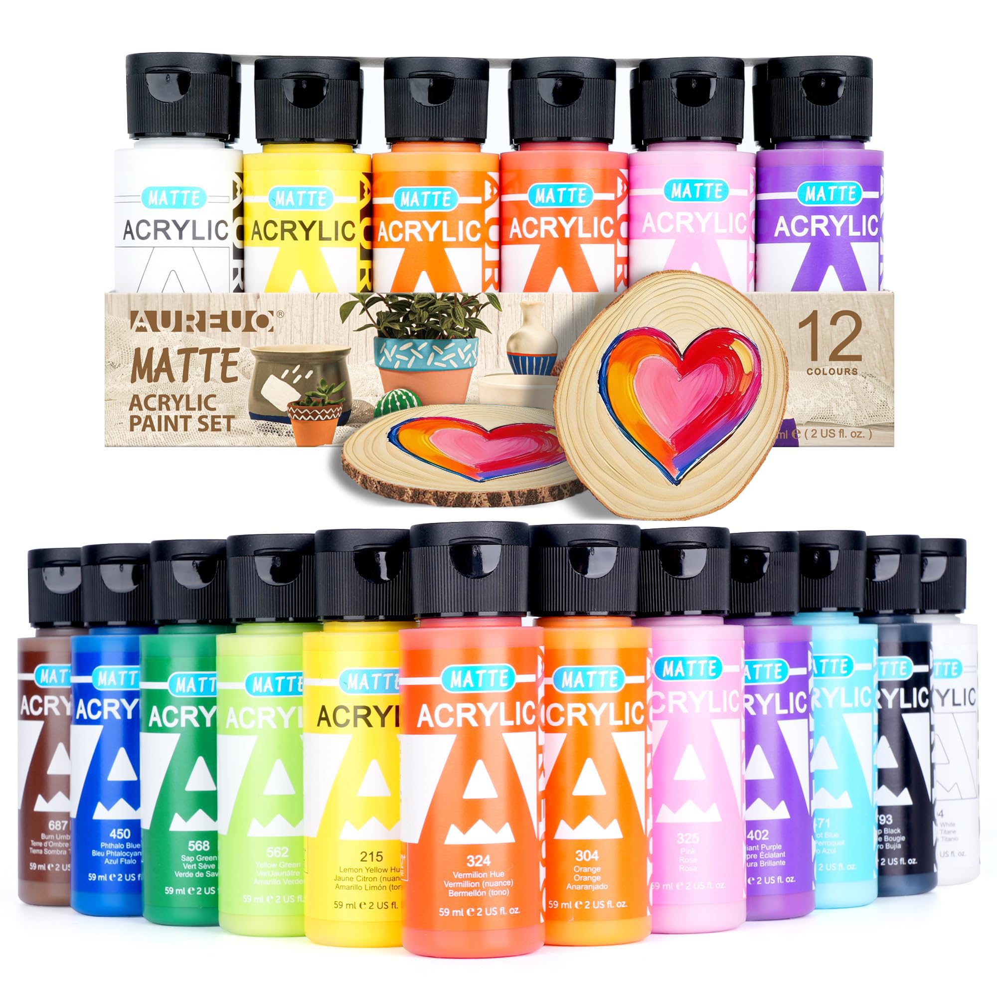 AUREUO Matte Acrylic Paints 12 Colors x 59ml - Non-Toxic Pigments for Pottery, Glass, Wood, Crafts, Plastic - Paint for Hobby Artists, Painting Enthusiasts, Beginners 12色x59ml Matte tones