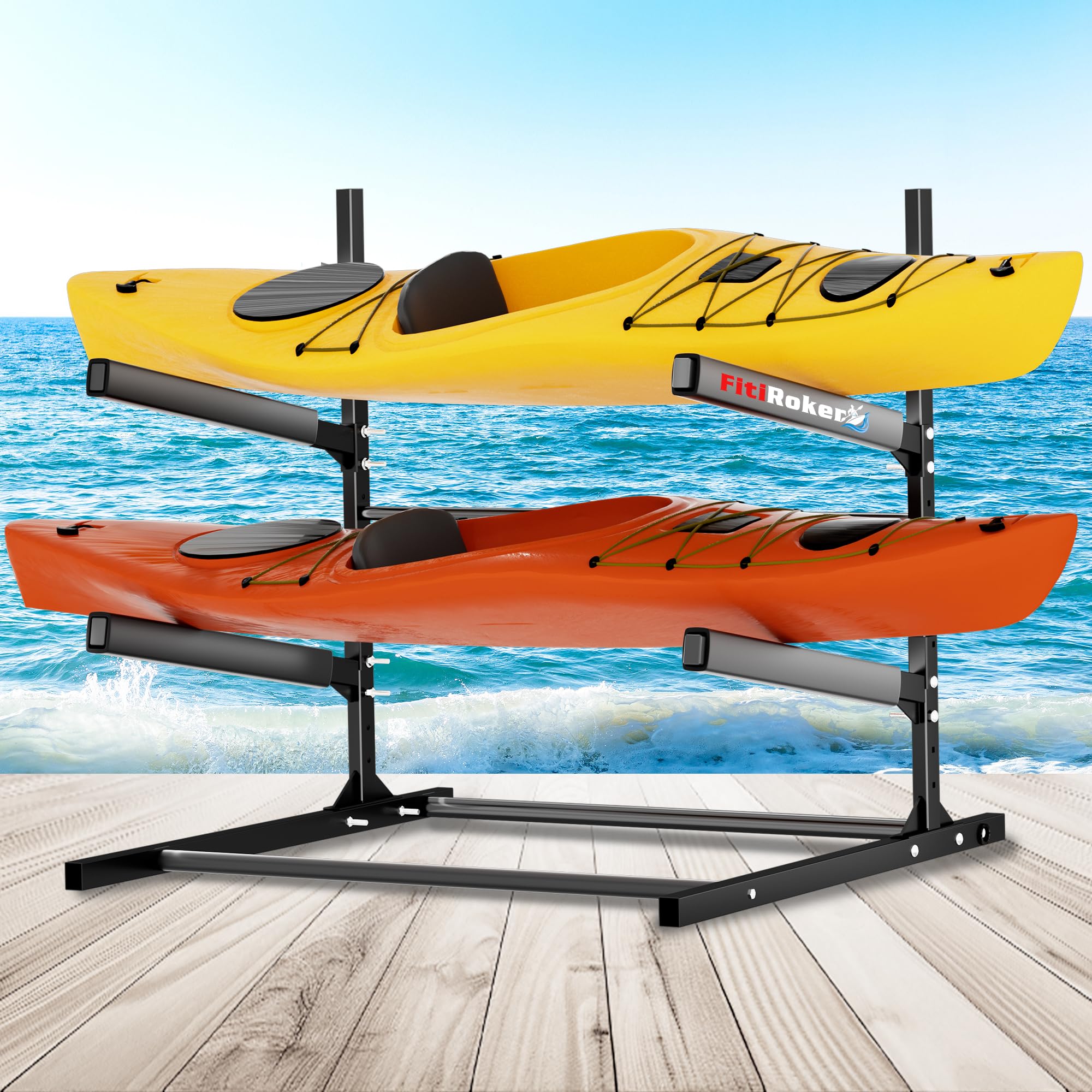 FitiRoker Freestanding Kayak Rack – Adjustable 2/3/4-Tier Stand for Kayaks, Canoes, and SUPs, Heavy-Duty Indoor/Outdoor Storage with Rubber-Coated Arms (2-Tier)