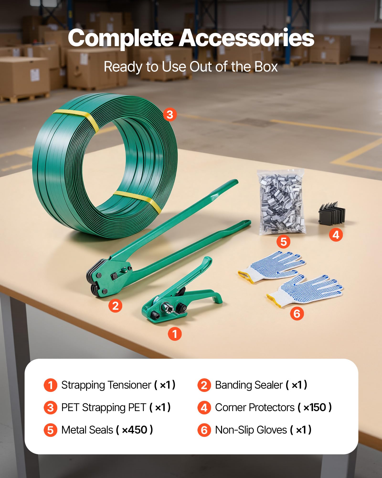 VEVOR Set di Reggiatura per Cinghie Plastiche, Rotolo di Reggetta in PET da 457 m, Kit di Reggiatrice Manuale per Spedizione Pallet Trasloco con 450 Sigilli Metallici, 150 Protezioni Angolari e Guanti