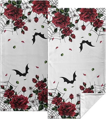 Miniatura 2 de Toallas de mano de Halloween con diseño de rosas de murciélago gótico, toallas de cocina con telaraña, telaraña, toallas de mano decorativas