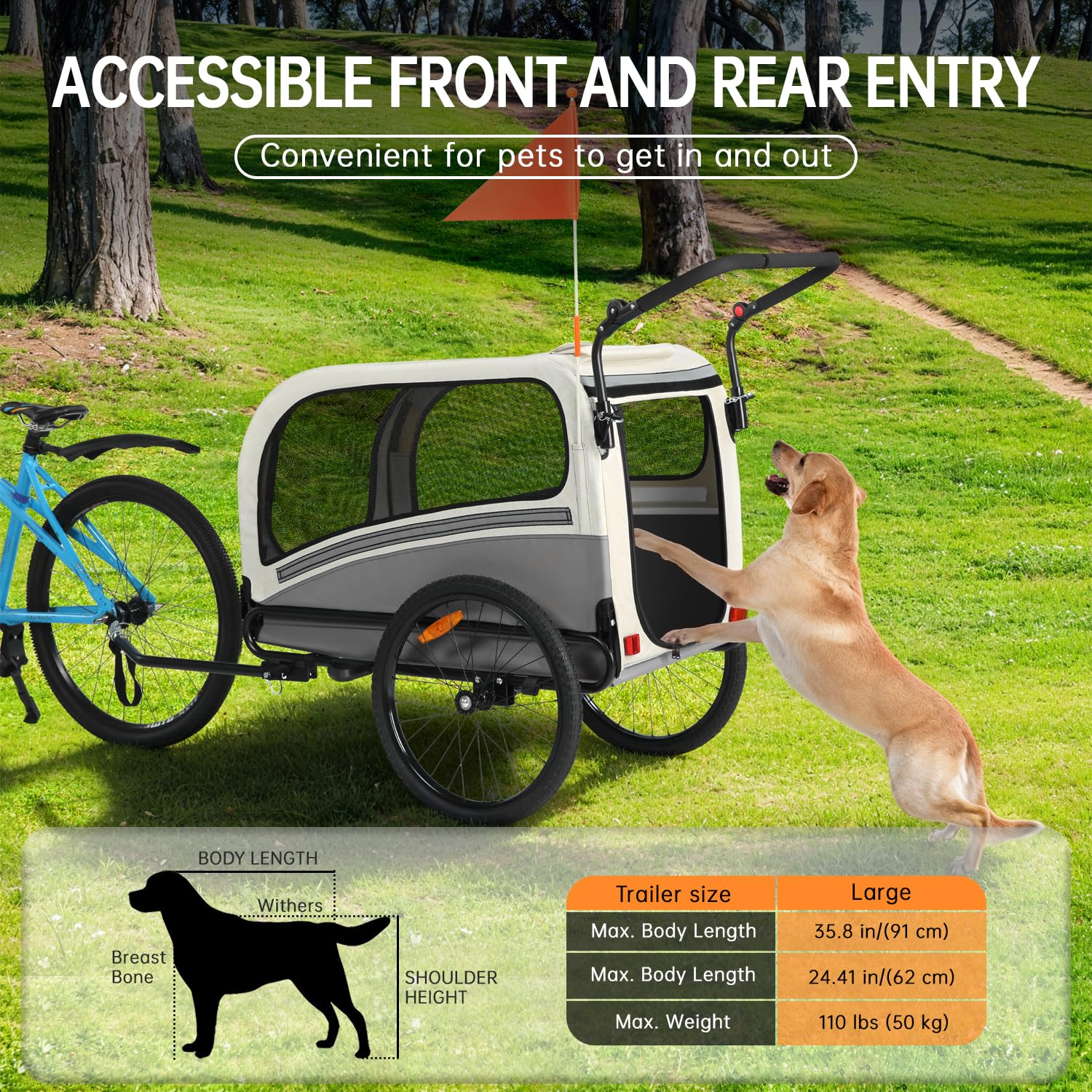 SEPNINE Rimorchio per bicicletta 2 in 1 XXL per cani, con apertura sul tetto, riflettori e strisce riflettenti, con asta scorrevole e attacco universale per bicicletta, pieghevole, fino a 50 kg