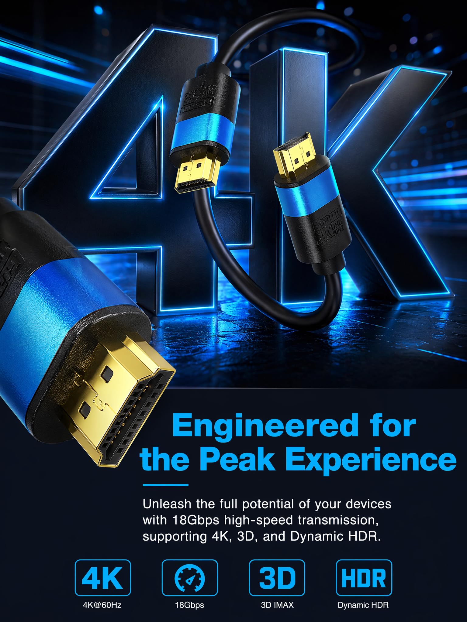 Cable HDMI largo 4K de 60 pies, cable HDMI de alta velocidad, conector dorado (azul) 4K @60Hz DTS:X, HDCP 2.2 y 2.3, HDR 10 compatible con Roku TV/PS5/HDTV/Blu-ray
