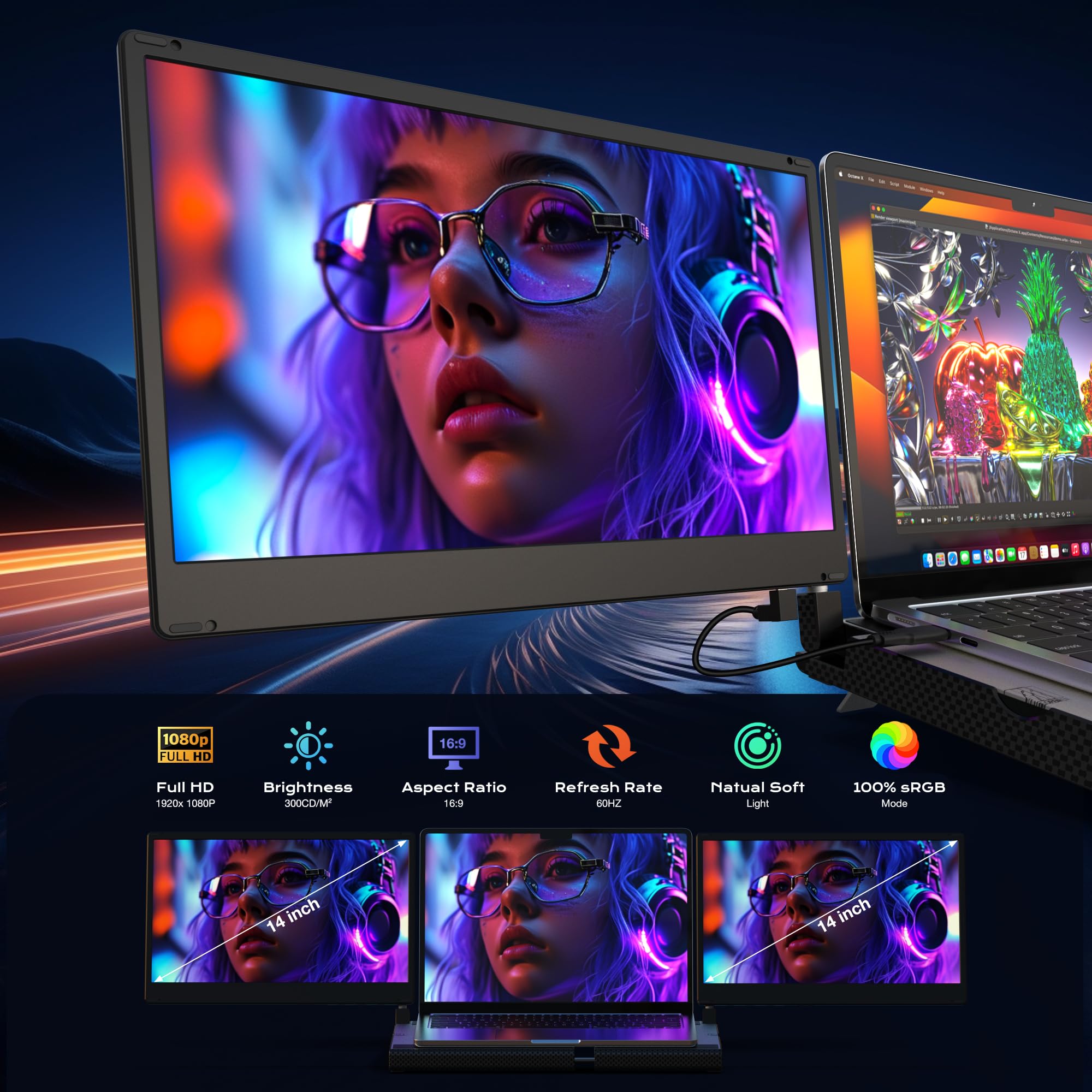 SMISEACOW Monitor portatile per laptop–Rotazione a 360° F3 Monitor portatile triplo, orizzontale e verticale, con supporto, 14 pollici IPS FHD 1080P, compatibile con PS5, Windows/Mac e laptop/Mini PC