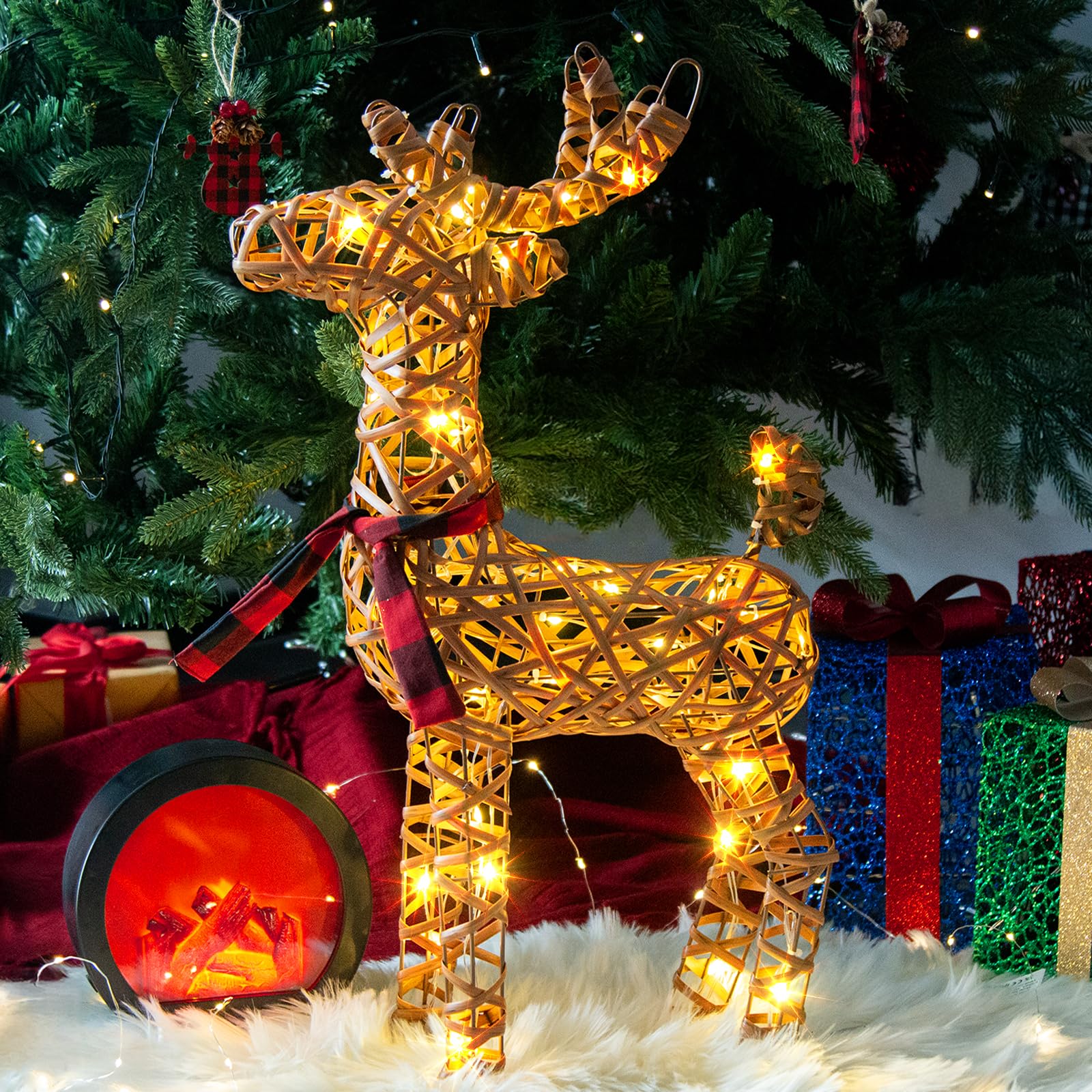 LED Weihnachtsfigur Rattan Rentier, REH Weihnachtsbeleuchtung mit Timer warmweiß, Hirsch Weihnachtsdeko für Außen und Innen Wohnzimmer Garten