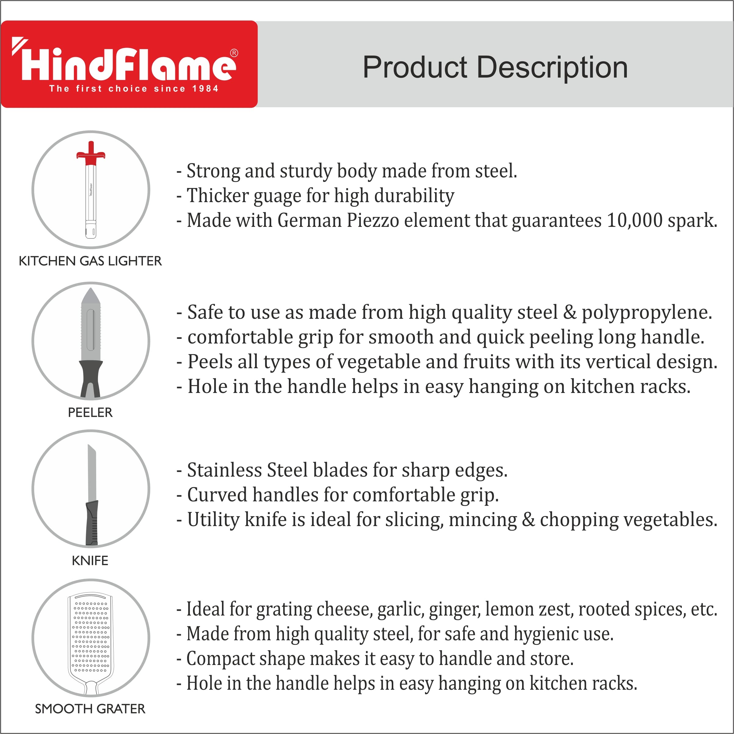 Hindflame Classic 4 in 1 Kitchen Tool Set (Steel Lighter, Knife, Peeler & Grater Multicolour) 2