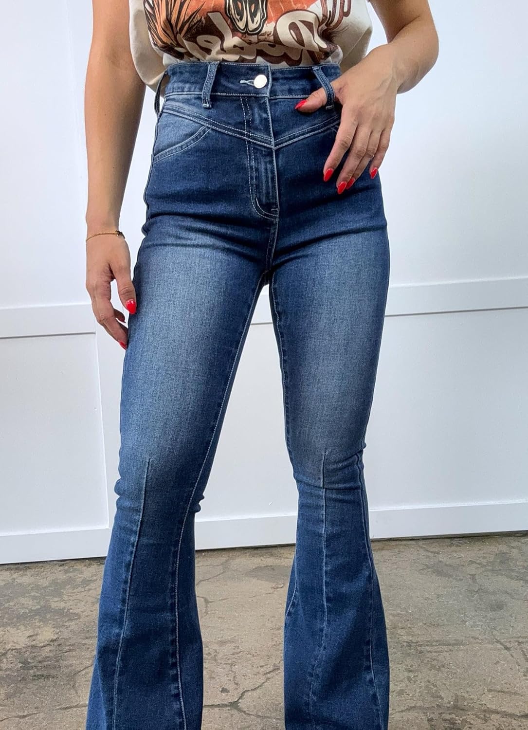 Willow Boutique Keep Up Flare Dark Wash Jeans for Women | Stretchy Bell Bottoms, V-Waist, Bootcut, Western Wear Style