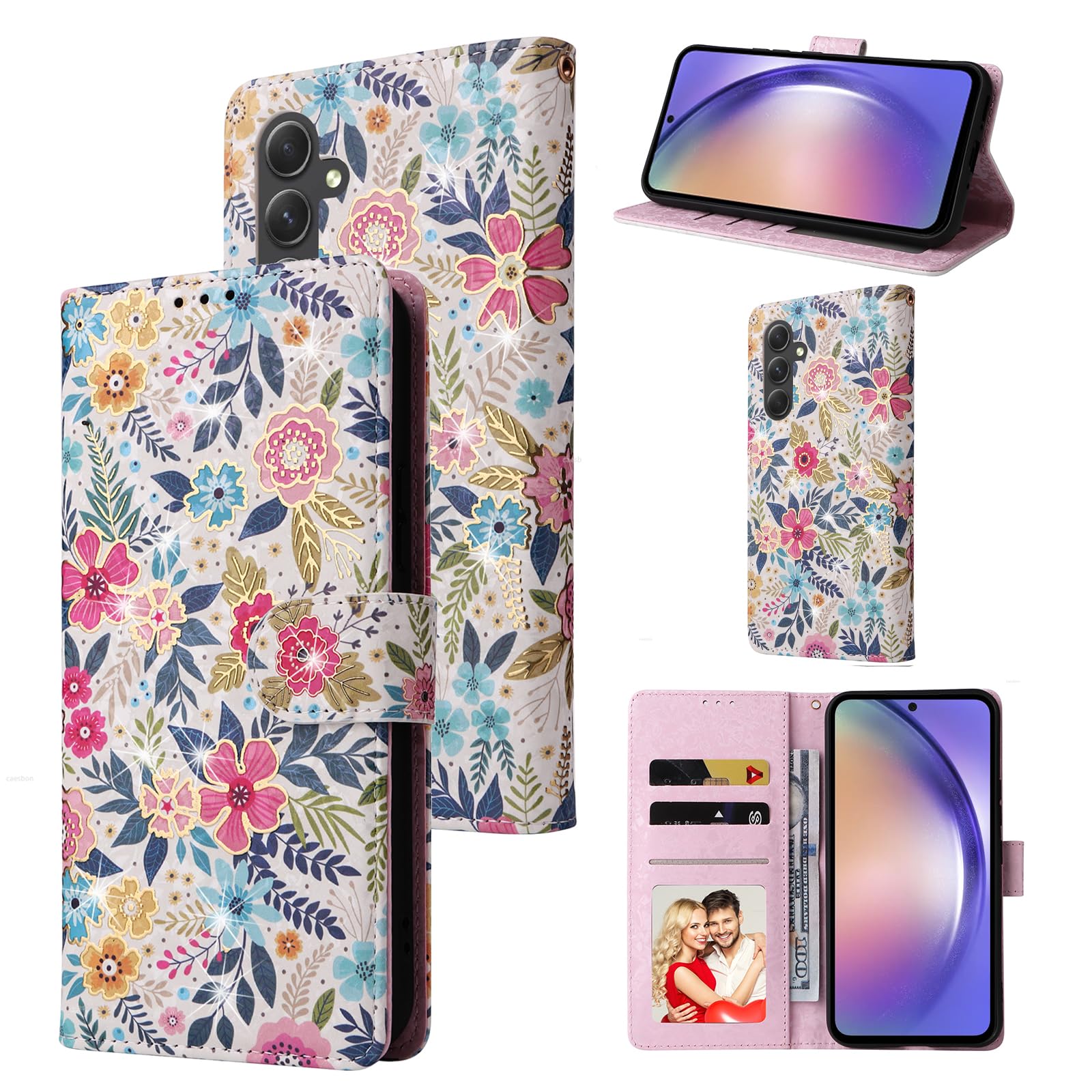 UEEBAI Wallet Case for Samsung Galaxy S25 5G, Leather Phone Wallet Kickstand RFID Blocking Flip Case Card Slots Wrist Strap Relief Engraved Pattern