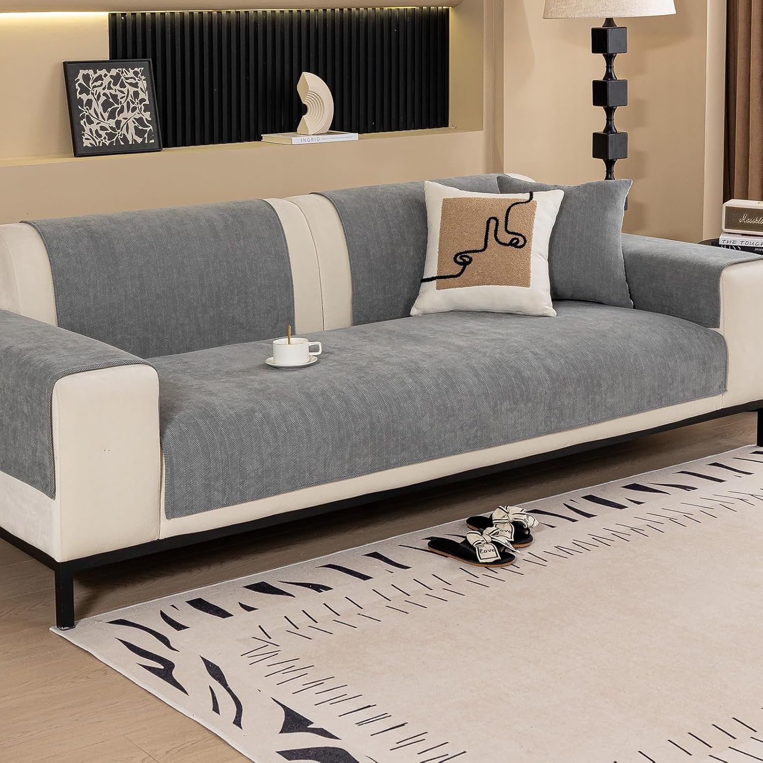 Chenille Sofa Couch Cover, Herringbone Sofa Covers Washable for Dogs, Funny Fuzz Couch Slipcover for Sectional Sofa, Non Slip Protector, L Shaped Armrest Cover(Grey, 36"x 36")