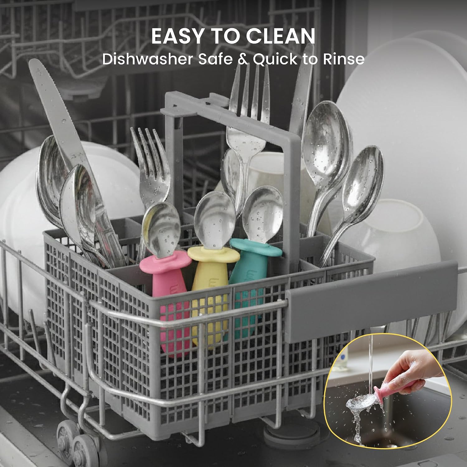 Lulyboo Baby Self-Feeding Stainless Steel & Silicone Spoon Set - Non-Slip Handle, Gentle Rounded Tip, Built-In Bite Guard, Dishwasher Safe, Toddler Feeding Utensils for 6 Months+, Travel & Daycare