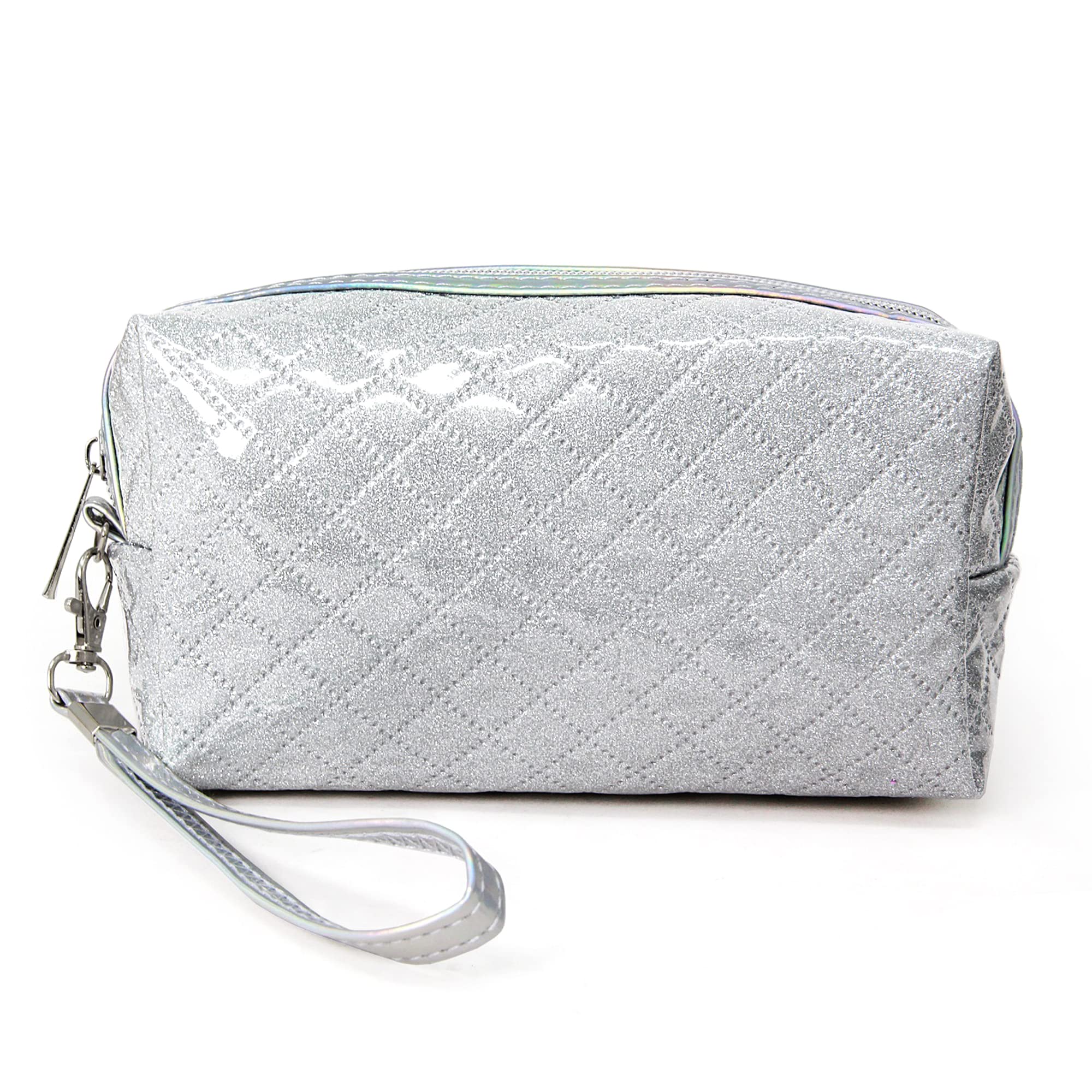 MEPLUS FASHIONSmall Makeup Bag for Purse Zipper Pouch Travel Cosmetic Organizer for Women and Girls, Shiny Glitz - Silver, Small