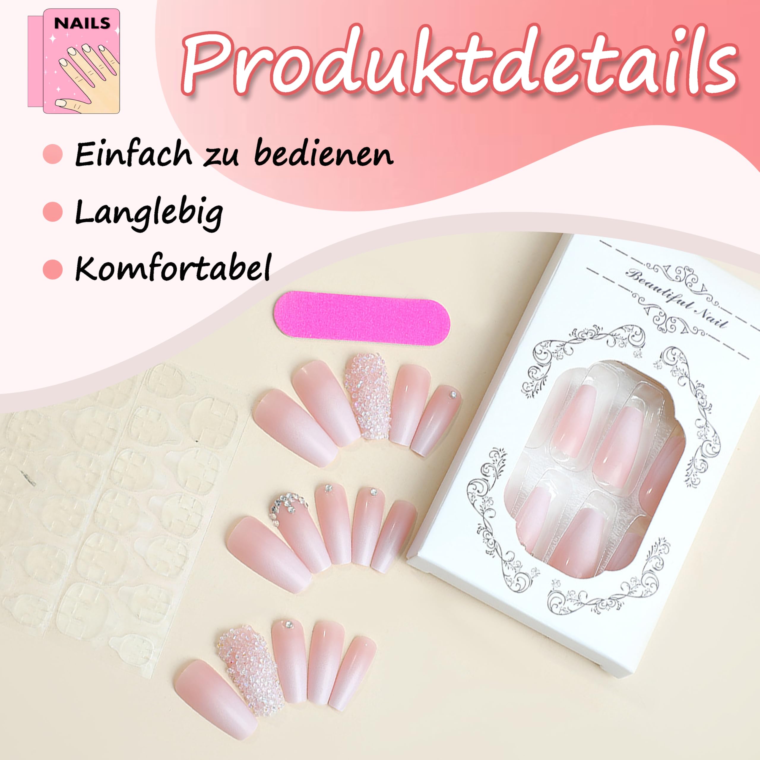 24 x sztuczne paznokcie do naklejenia - różowe brokatowe - Pełna pokrywa - Akryl - Dla kobiet i dziewcząt - Manicure (różowy baletkowy)