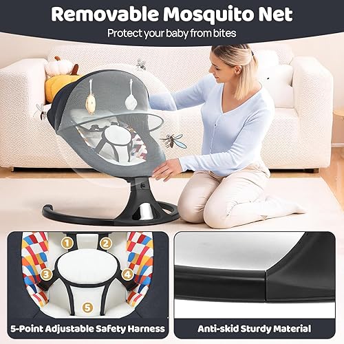 Miniatura 5 de Columpio de bebé para bebés, modernos columpios para bebés con Bluetooth y control remoto, 5 movimientos de velocidad, 12 sonidos relajantes,