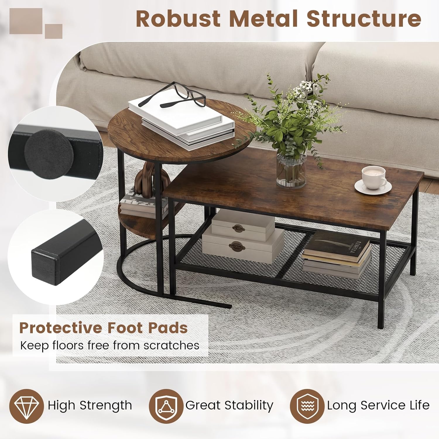 Giantex Nesting Coffee Table Set of 2, Detachable Rectangular Table & Round Table Set w/Wood Grain, Sturdy Golden Metal Frame, Modern Stacking Side Table for Living Room, Bedroom, Rustic Brown