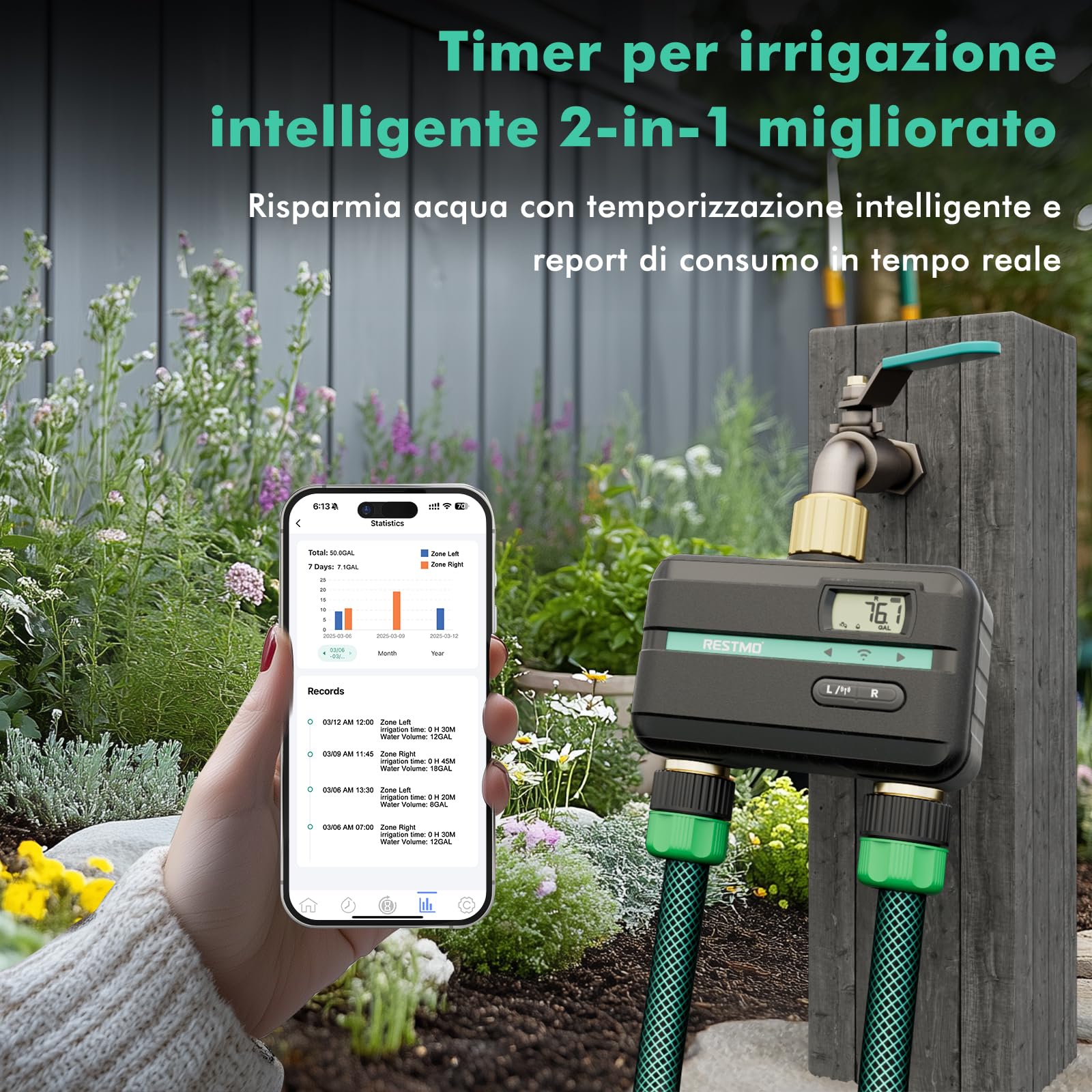 RESTMO Computer di Irrigazione a 2 Zona con Chip Bluetooth | Controllo app, Automatico/Manuale/Ritardo Della Pioggia, Timer di Irrigazione per Tubo da Giardino