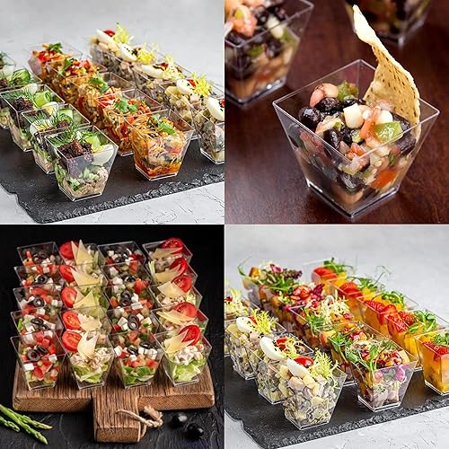 Miniatura 6 de 200 vasos cuadrados de plástico de 2 onzas, mini tazas de postre de 2 onzas, vasos de chupito pequeños transparentes a granel para bebidas,