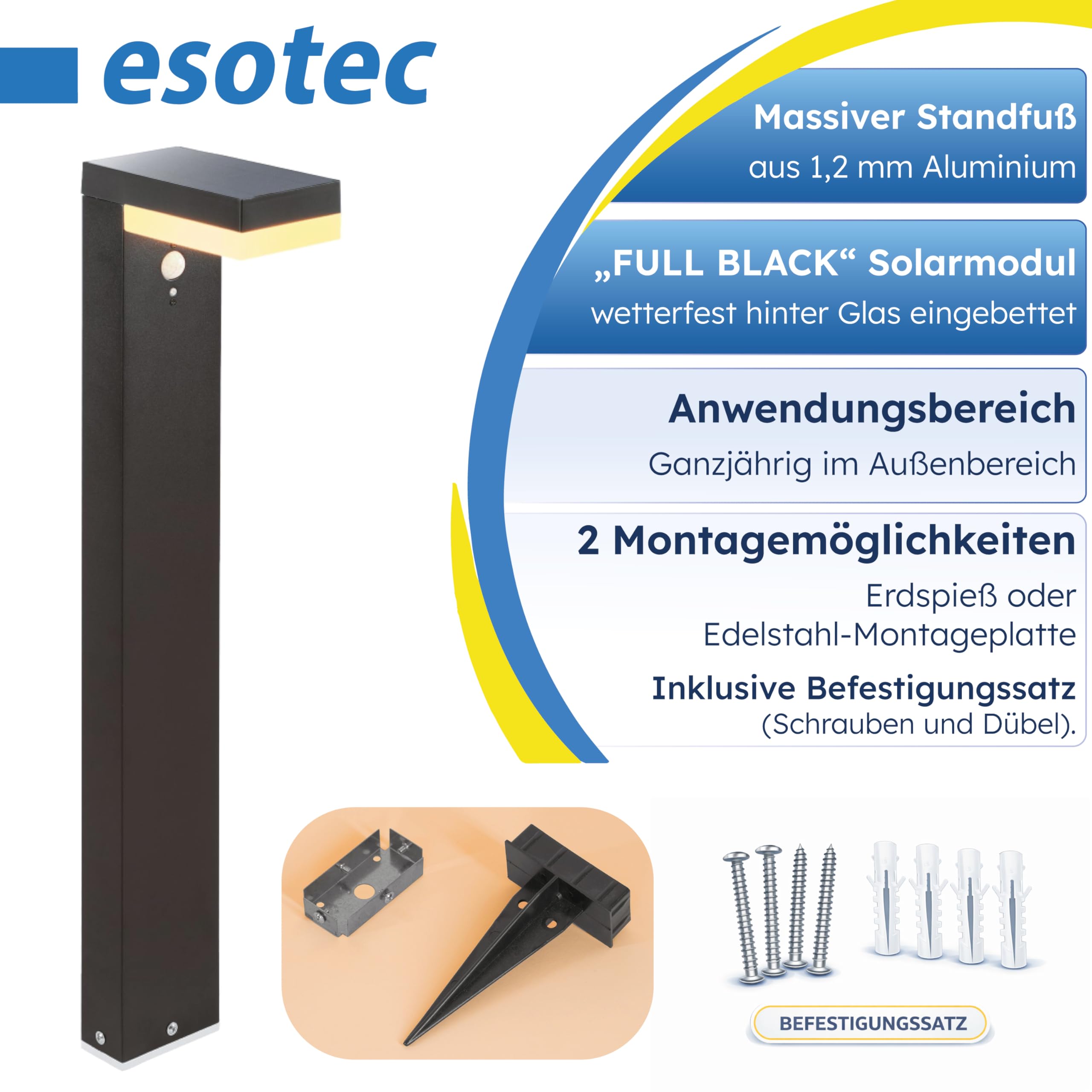esotec Solar Wegeleuchte mit Bewegungsmelder Nala, H=70cm Außenleuchte, warmweiß 3000K, wechselbarer LiFePO4 Akku 102932