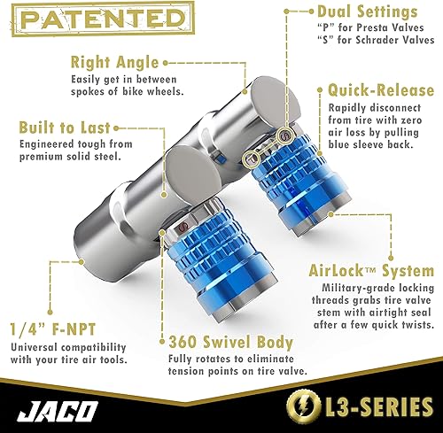 Miniatura 2 de JACO Lightning Serie L3 - Portabrocas de aire para neumáticos de bicicleta Presta & Schrader - 1/4 pulgadas F-NPT (flujo abierto) (paquete de 2)