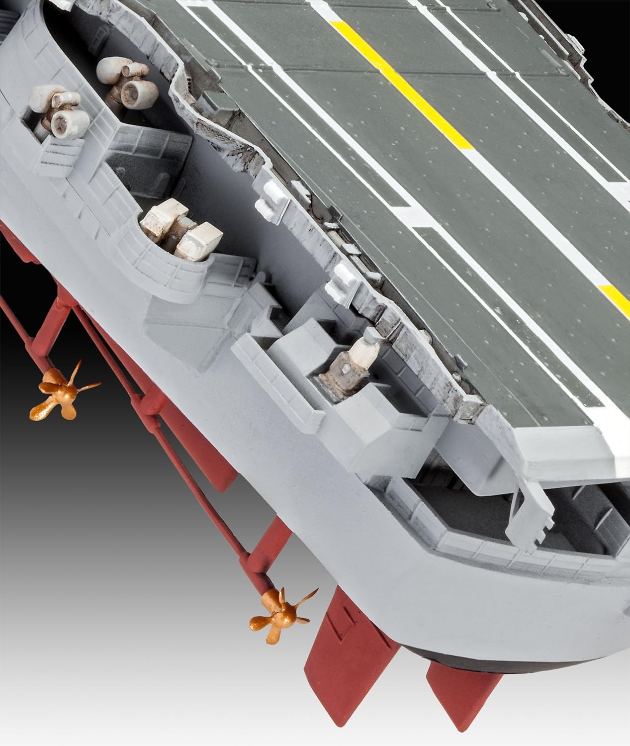 Underside view of the Revell USS Forrestal model showing propellers and rudder