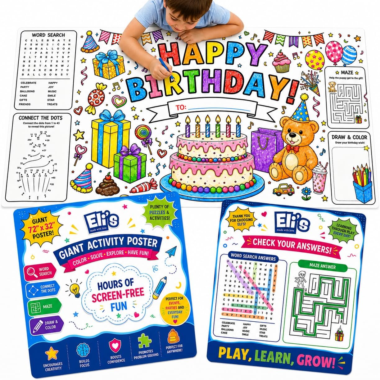 Eli with Love Giant Coloring Poster, Jumbo Birthday Coloring Table Cloth for Kids 32 x 72 Inches, Birthday Party Activities, Group Coloring Banner, Arts and Crafts for Boys and Girls