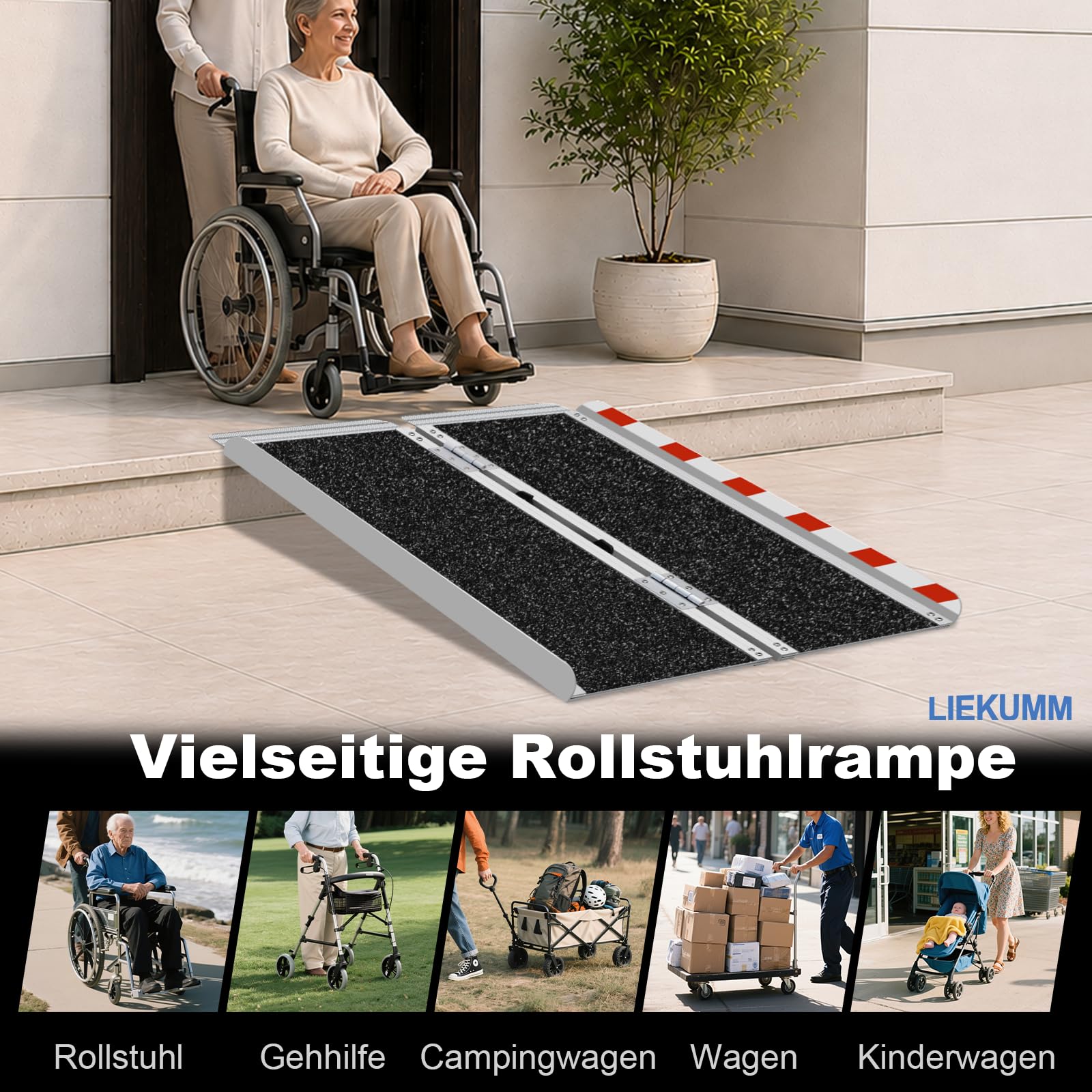 LIEKUMM Rollstuhlrampe 121 cm, 300 kg Tragkraft, rutschfeste Aluminium Rollstuhlrampe Klappbar, Schwellenrampe für Türschwellen, Treppen, Bordsteine, Stufen, Rollstuhl und Kinderwagen