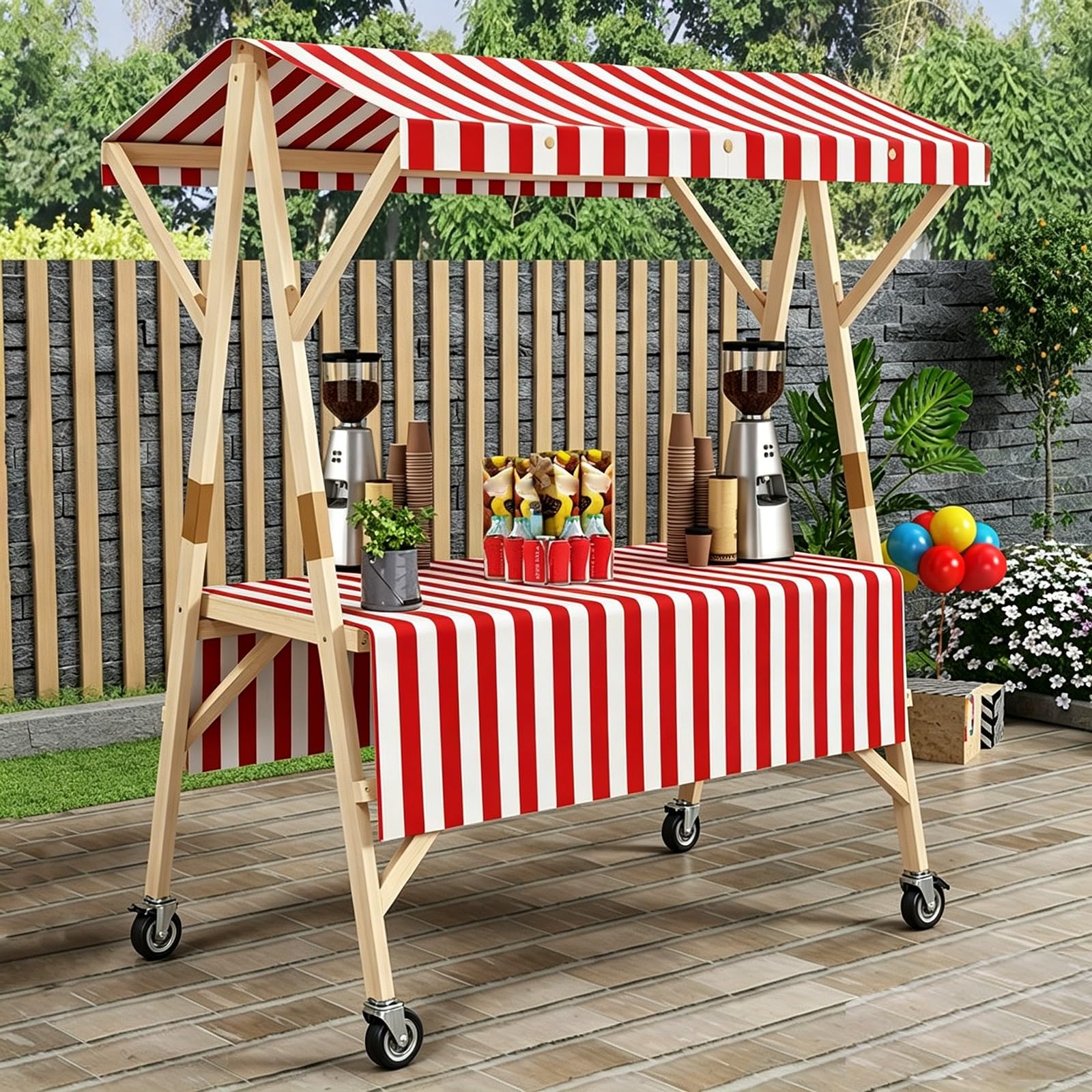 Carro De Comida De Madera con Ruedas, Puesto De Venta Plegable, Carrito De Exhibición Portátil con Toldo Y Mantel, para Mercados Callejeros, Ferias(Red,150cm/59in)