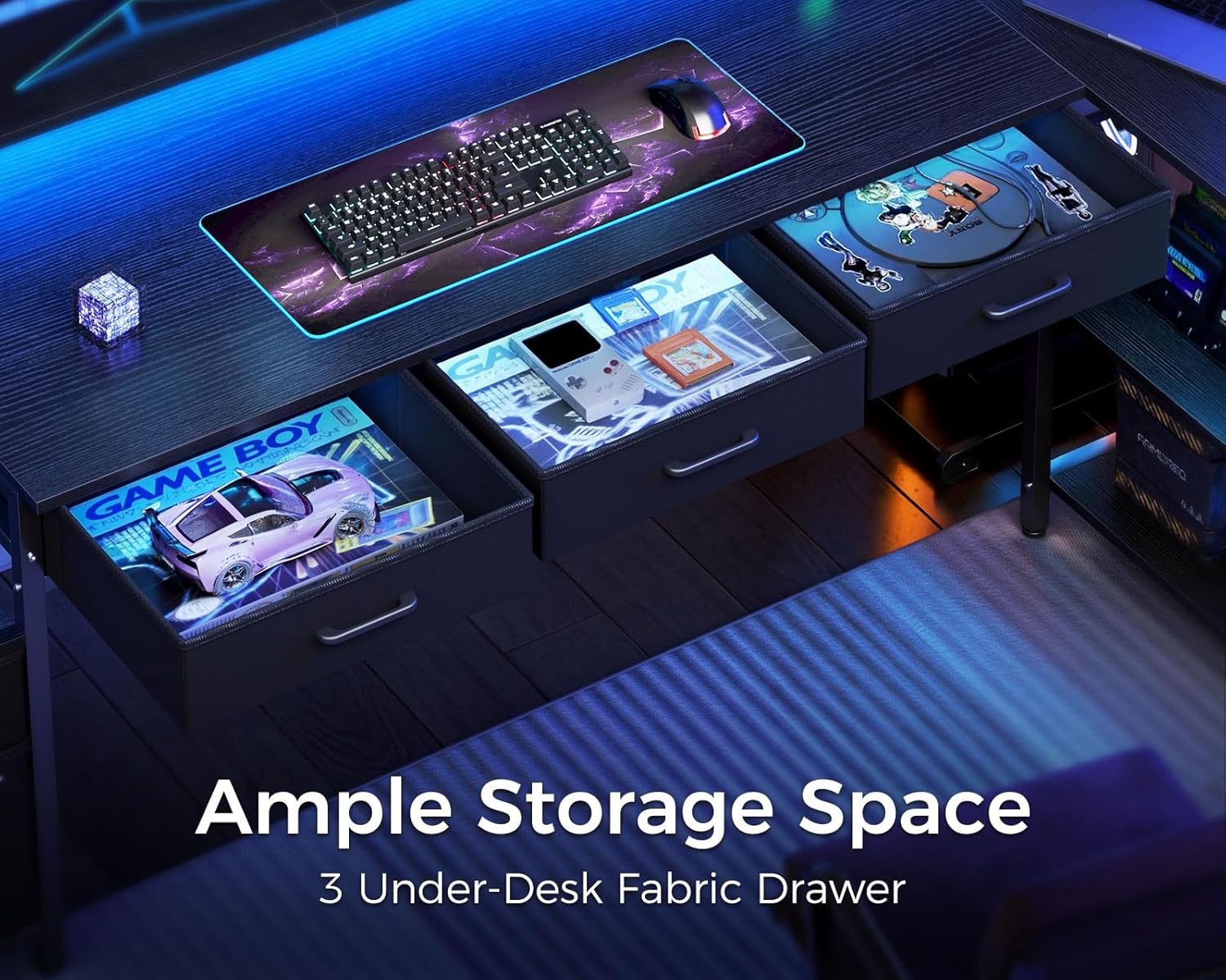 AODK L Shaped Desk with 5 File Drawers, 75" Reversible L Shaped Computer Desk with Power Outlet & LED Strip, Office Desk with Storage Shelves, Gaming Table with Monitor Shelf, Corner Table, Black