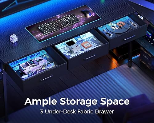 Miniatura 5 de AODK Escritorio en forma de L con 5 cajones de archivos, escritorio reversible en forma de L de 75 pulgadas con toma de corriente y tira LED,