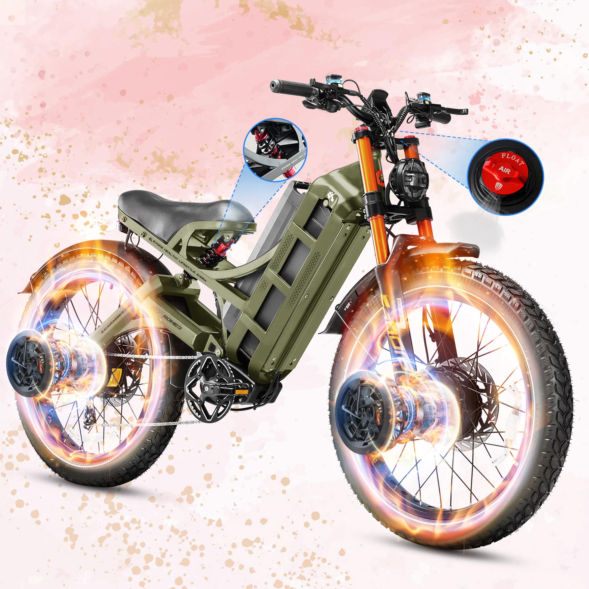 2025 Launch Romeo Pro 3/Pro 2 5600W/4000W 50Mph/46Mph Dual Motor Electric Bike for Adults 60V/52V/48V 80Ah/70Ah/60Ah 200+Miles Long Range Ebike 26 * 4.0" Fat Tire Electric Mountain Bike
