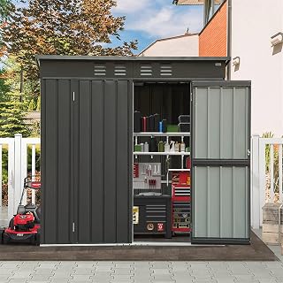 Storage Shed, Metal Outdoor Storage shed with Sloping Roof Galvanized Steel Frame, Outdoor Garden Shed with Latches and Lockable Door for Balcony (5.45x3.69ft, Black)