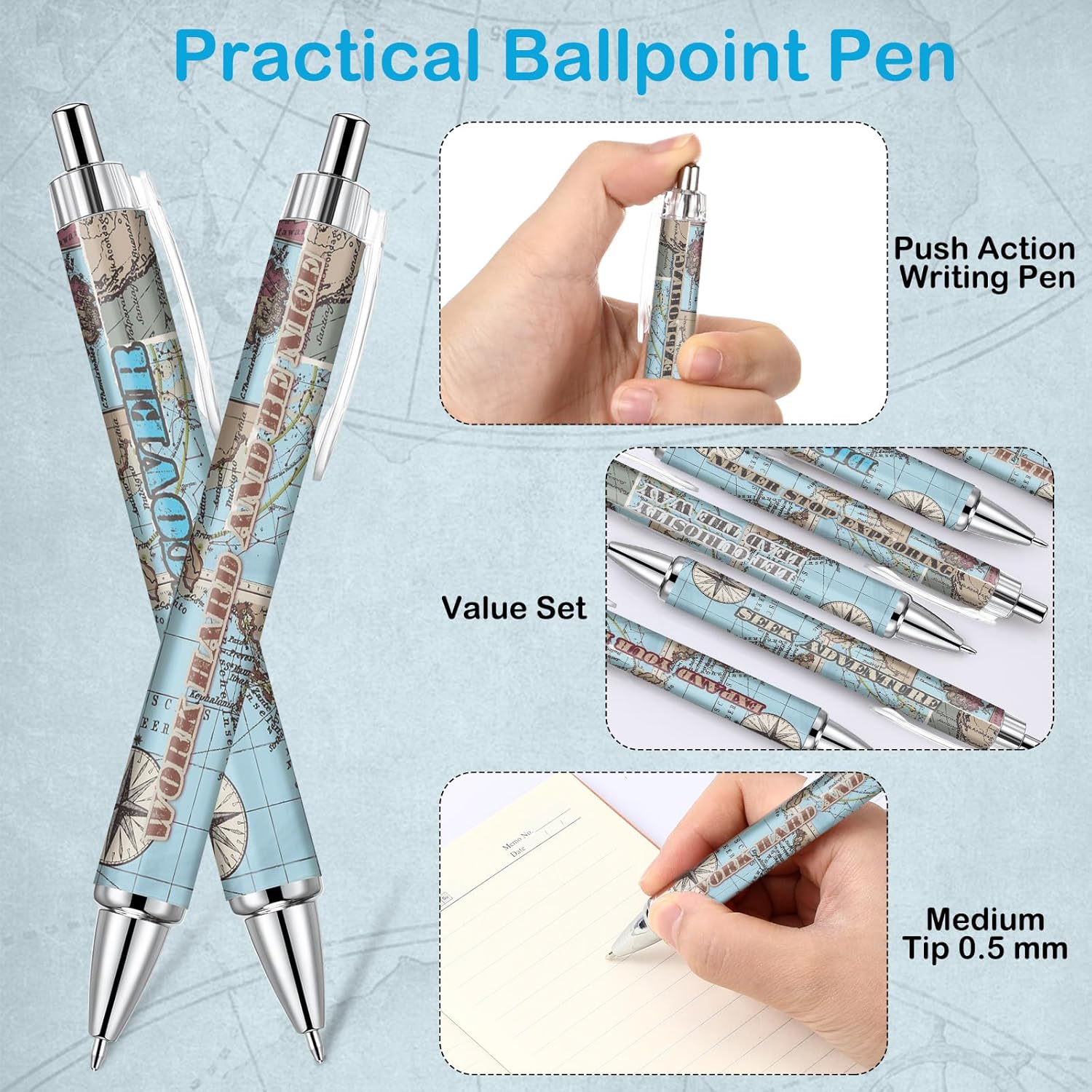 Cholemy 48 Pcs Travel Map Pen Bulk Airplane Baby Shower Favors Inspirational Pens Adventure Awaits Retractable Ballpoint Pen Black Ink Travel Baby Shower Gifts for Guests School Supply