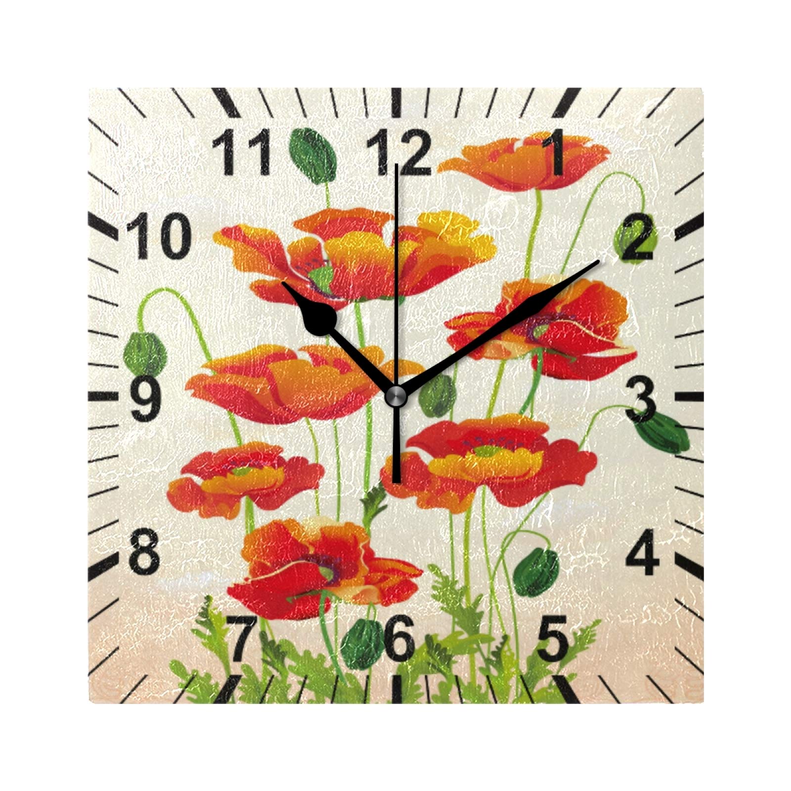 susiyo Poppy Floral Printed Square Wall Clock Silent Non Ticking Quartz Battery Operated Analog Modern Decor Clock for Bedroom Living Room Kitchen Desk Farmhouse-7.7inch