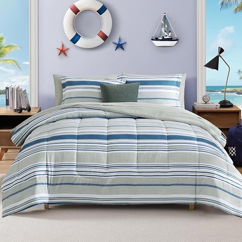 Queen Comforter Set Coastal Striped Royal Blue 7 Pieces Bed in a Bag