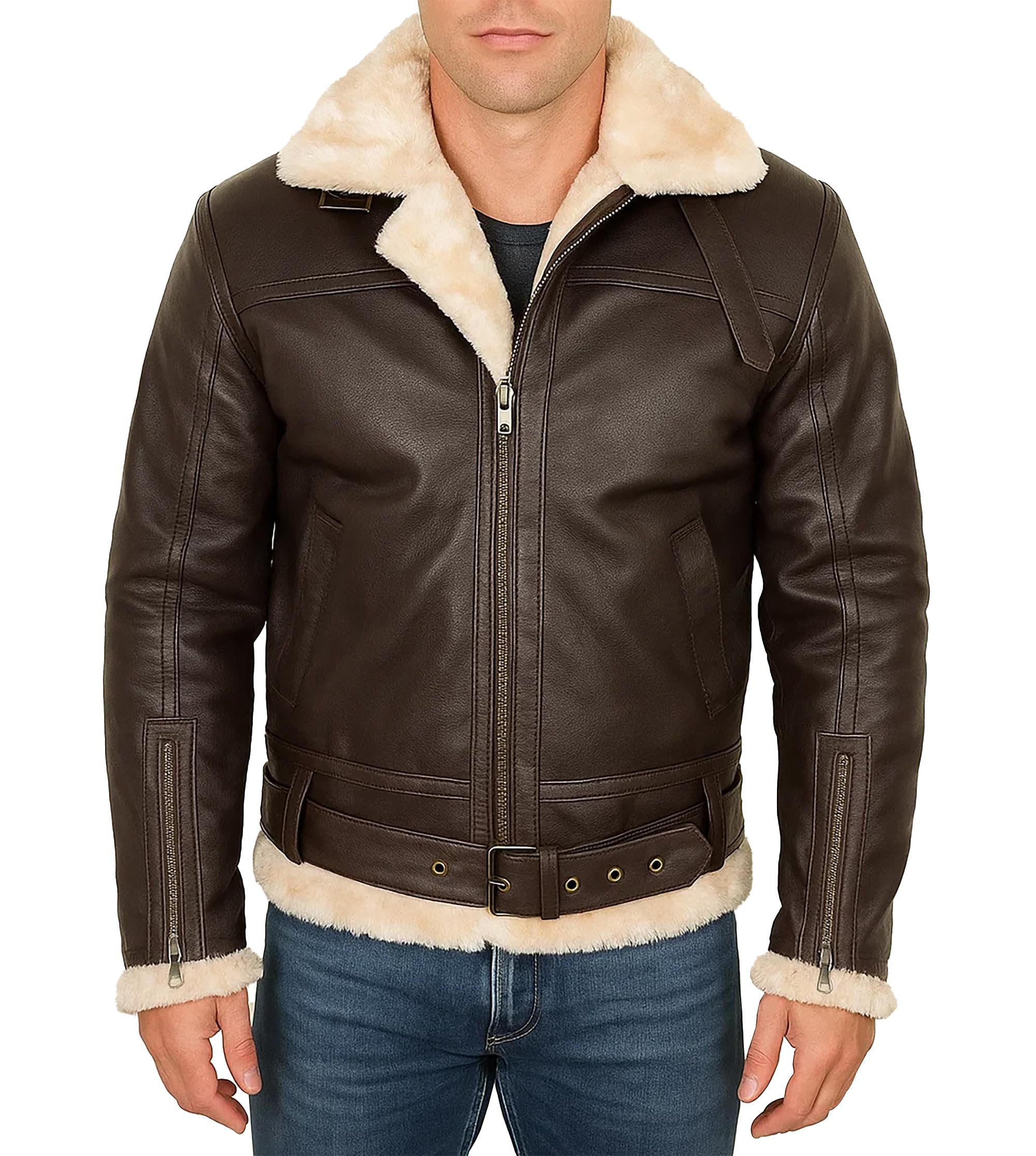 Men's Brown Winter B3 Bomber Fur Shearling Aviator Jacket - Real Sheepskin Leather Pilot Flying Ginger Coat