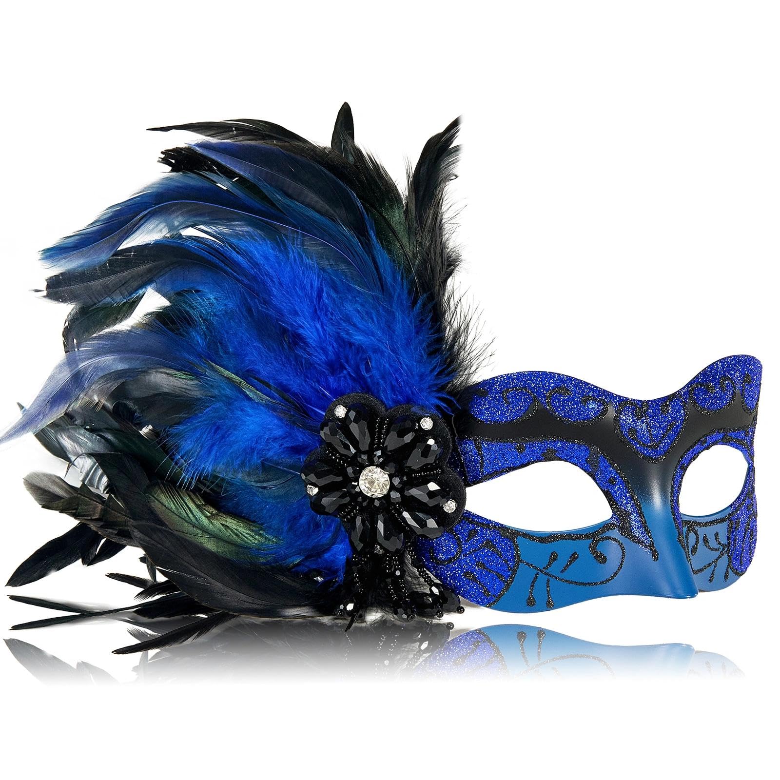 MYSEUNI 2025 New Blue and Black Masquerade Mask for Women with Feathers - Womens Mascarade Venetian Mask for Masquerade Party, Mardi Gras, Halloween Cosplay Prom, Christmas