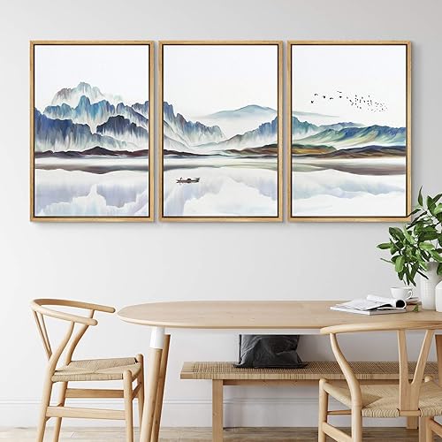 Miniatura 2 de NWT Juego de impresión enmarcada para pared, paisaje de montaña en acuarela con barco, naturaleza, vida silvestre, ilustraciones de arte moderno,