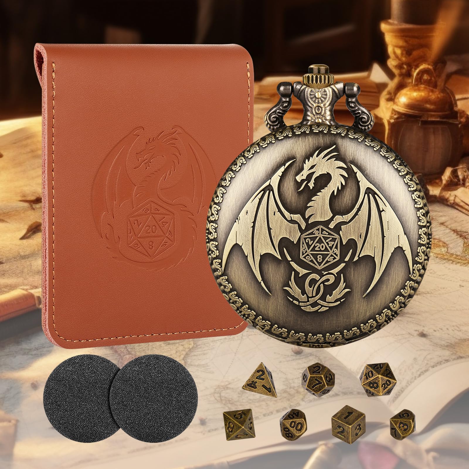 Mini DND Würfel Set Mit Steampunk-Drachen-Taschenuhrgehäuse – 7-teilig Aus Metall, Inklusive Lederbeutel, Für Rollenspiele