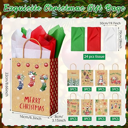 Miniatura 2 de Zachely 24 bolsas de regalo de Navidad con 24 papel de seda, bolsas de papel kraft a granel para regalos con asas, 8 estilos de bolsas de regalo de