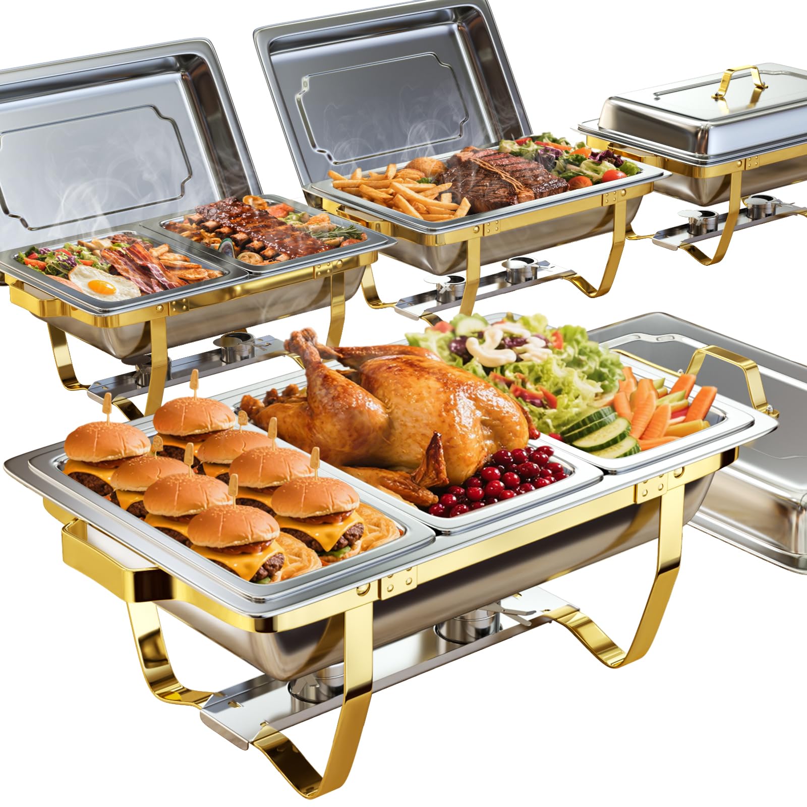 Chafing Dishes for Buffet 4 Pack 7pan, 9QT [Elegant Gold and Silver Colors] Stainless Steel Chafing Dish Buffet Set [Sturdy and High Grade] Chafers and Buffet Warmers Sets