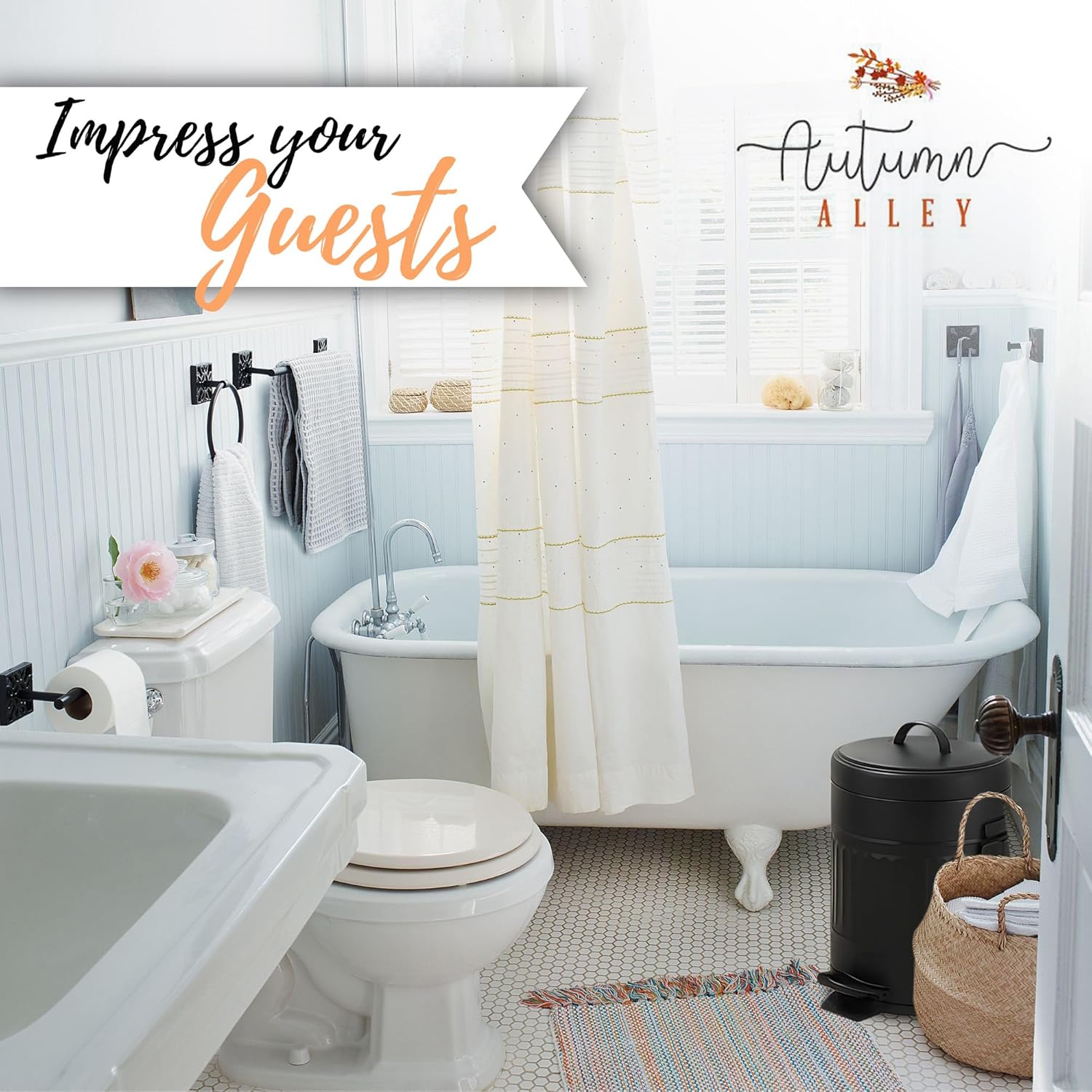 Autumn Alley Matte Black Farmhouse Bathroom Set – 5-Piece Hardware Kit with Towel Ring, TP Holder, Hooks & Metal Step Trash Can with Lid for Rustic, Modern Bathroom Décor