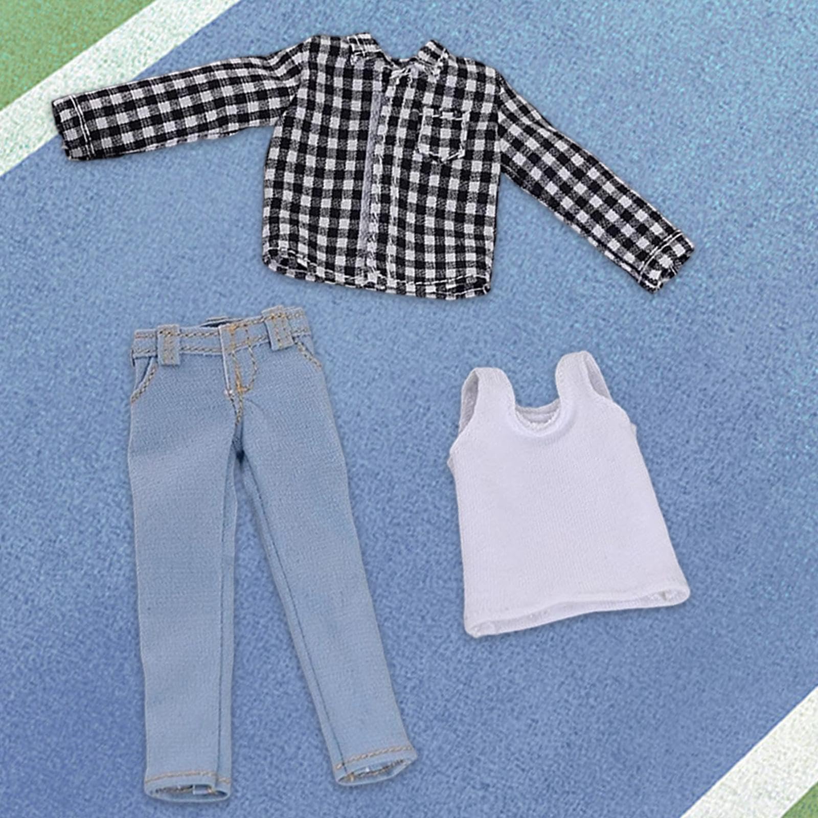 3 Stück Puppenhemd Herrenpuppen Kleidung Weste Jeans Hose Set Aus Stoff für 1/12 BJD Puppen für Dekoration Spiel Figureninszenierung, Schwarzes Weißes Netz